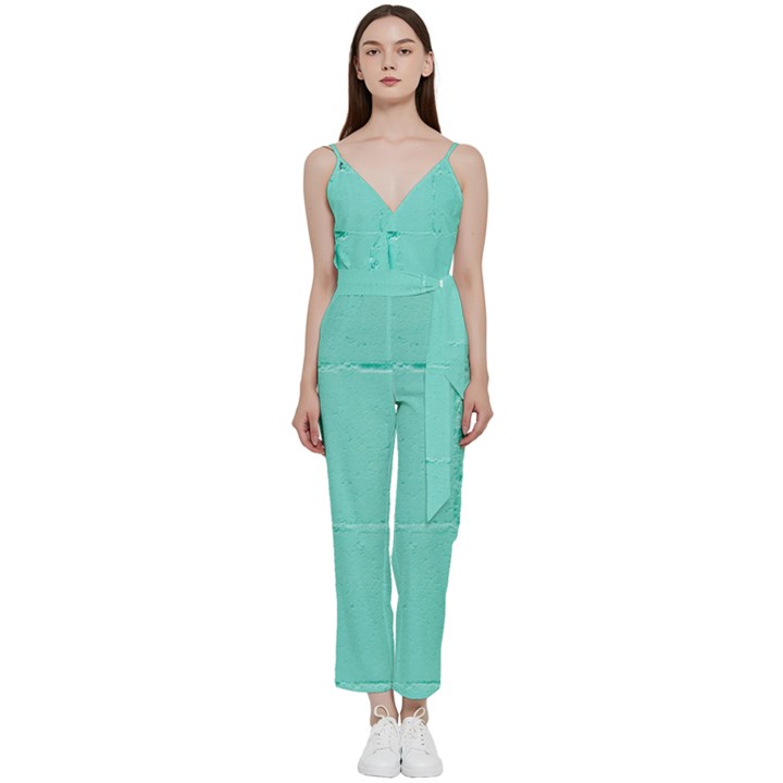 Teal Brick Texture V-Neck Spaghetti Strap Tie Front Jumpsuit