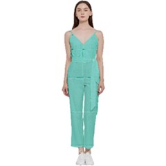 Teal Brick Texture V-neck Spaghetti Strap Tie Front Jumpsuit by artworkshop