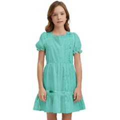 Teal Brick Texture Kids  Puff Sleeved Dress by artworkshop