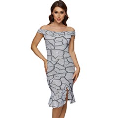 Texture Pattern Tile Off Shoulder Ruffle Split Hem Bodycon Dress