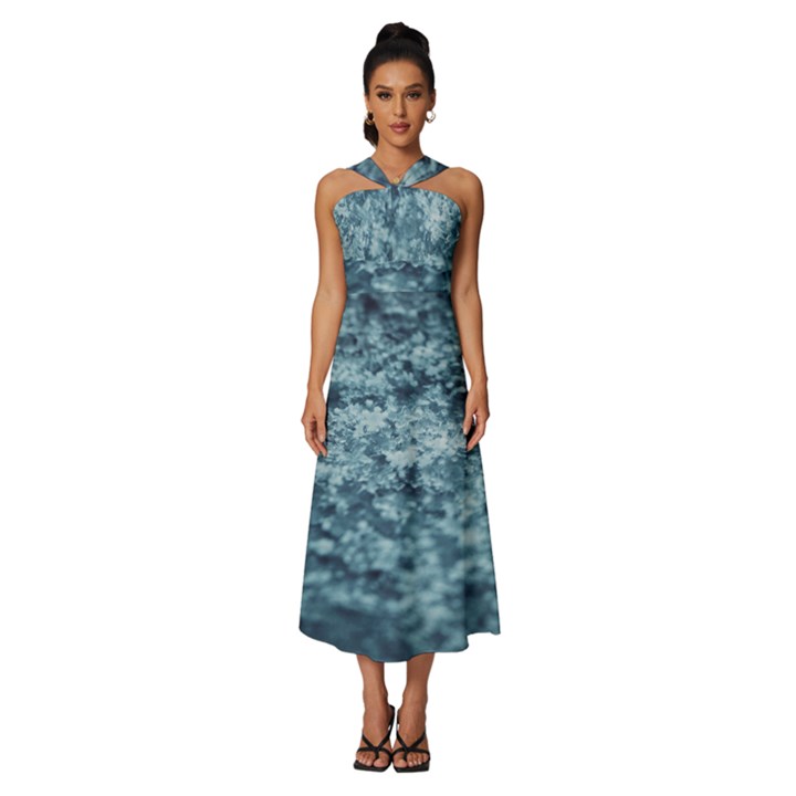 Texture Reef Pattern Sleeveless Cross Front Cocktail Midi Chiffon Dress