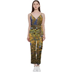 Texture Wallpaper V-neck Spaghetti Strap Tie Front Jumpsuit by artworkshop