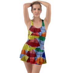 Umbrellas Colourful Ruffle Top Dress Swimsuit by artworkshop