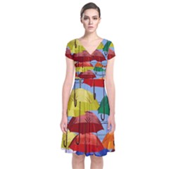 Umbrellas Colourful Short Sleeve Front Wrap Dress by artworkshop