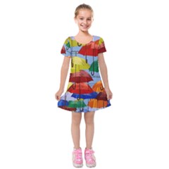 Umbrellas Colourful Kids  Short Sleeve Velvet Dress by artworkshop