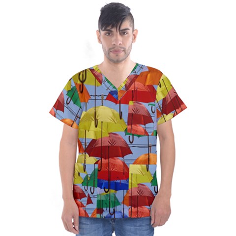 Umbrellas Colourful Men s V-neck Scrub Top by artworkshop