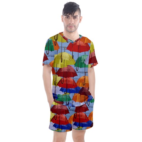 Umbrellas Colourful Men s Mesh Tee And Shorts Set by artworkshop