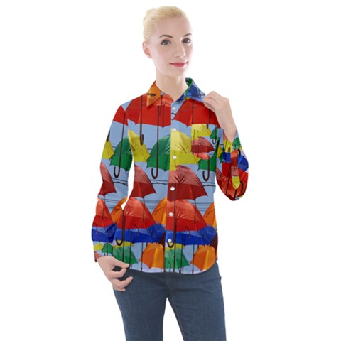 Umbrellas Colourful Women s Long Sleeve Pocket Shirt by artworkshop