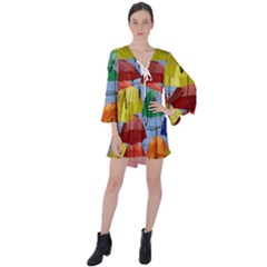 Umbrellas Colourful V-neck Flare Sleeve Mini Dress by artworkshop