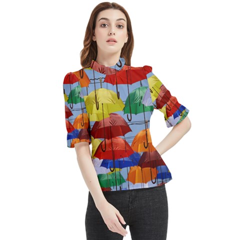 Umbrellas Colourful Frill Neck Blouse by artworkshop