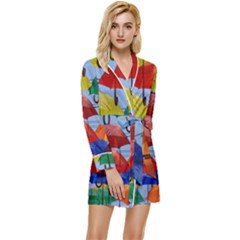 Umbrellas Colourful Long Sleeve Satin Robe by artworkshop