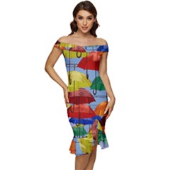 Umbrellas Colourful Off Shoulder Ruffle Split Hem Bodycon Dress