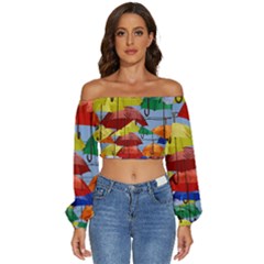 Umbrellas Colourful Long Sleeve Crinkled Weave Crop Top