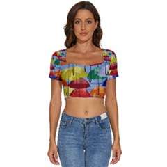 Umbrellas Colourful Short Sleeve Square Neckline Crop Top 