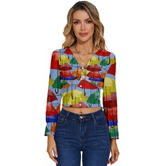 Umbrellas Colourful Long Sleeve V-neck Top by artworkshop