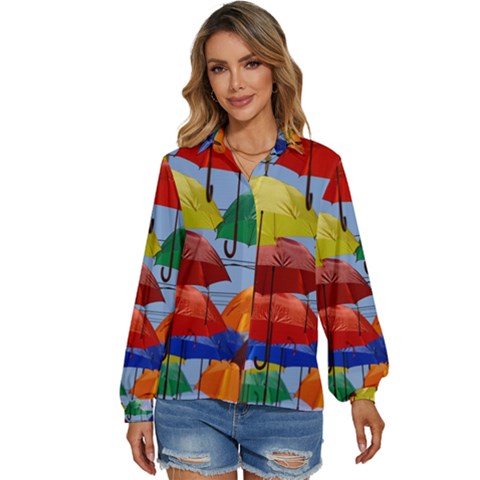 Umbrellas Colourful Women s Long Sleeve Button Down Shirt by artworkshop