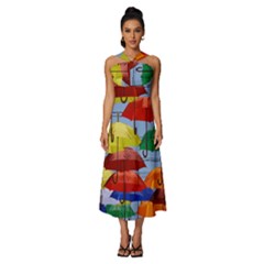 Umbrellas Colourful Sleeveless Cross Front Cocktail Midi Chiffon Dress