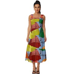 Umbrellas Colourful Square Neckline Tiered Midi Dress