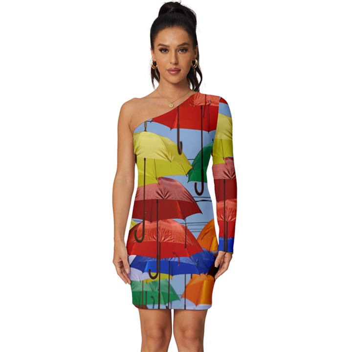 Umbrellas Colourful Long Sleeve One Shoulder Mini Dress