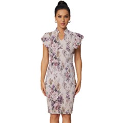 Vintage Floral Pattern Vintage Frill Sleeve V-neck Bodycon Dress