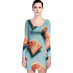 Watermelon Against Blue Surface Pattern Long Sleeve Velvet Bodycon Dress by artworkshop