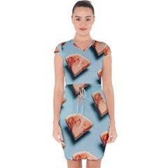 Watermelon Against Blue Surface Pattern Capsleeve Drawstring Dress  by artworkshop