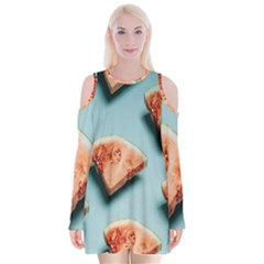 Watermelon Against Blue Surface Pattern Velvet Long Sleeve Shoulder Cutout Dress