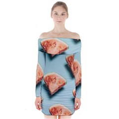 Watermelon Against Blue Surface Pattern Long Sleeve Off Shoulder Dress by artworkshop