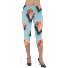 Watermelon Against Blue Surface Pattern Lightweight Velour Capri Leggings  by artworkshop