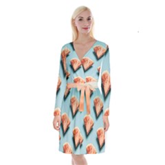 Watermelon Against Blue Surface Pattern Long Sleeve Velvet Front Wrap Dress