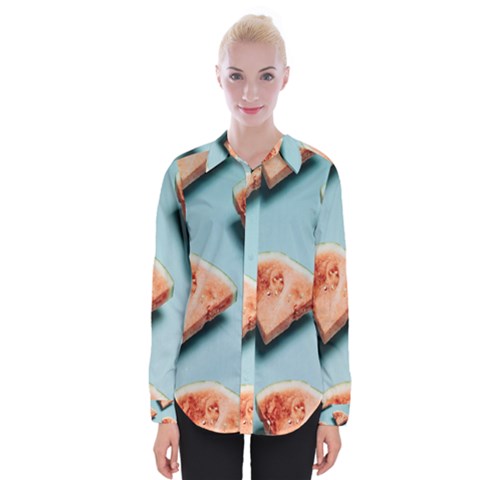 Watermelon Against Blue Surface Pattern Womens Long Sleeve Shirt by artworkshop