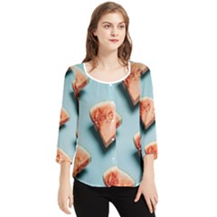 Watermelon Against Blue Surface Pattern Chiffon Quarter Sleeve Blouse by artworkshop