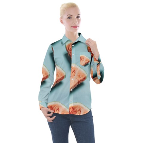 Watermelon Against Blue Surface Pattern Women s Long Sleeve Pocket Shirt by artworkshop