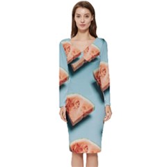 Watermelon Against Blue Surface Pattern Long Sleeve V-neck Bodycon Dress  by artworkshop