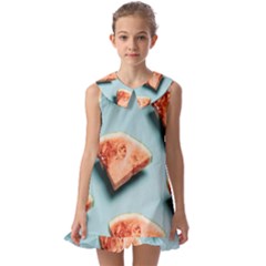 Watermelon Against Blue Surface Pattern Kids  Pilgrim Collar Ruffle Hem Dress by artworkshop