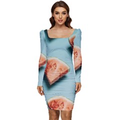 Watermelon Against Blue Surface Pattern Women Long Sleeve Ruched Stretch Jersey Dress by artworkshop