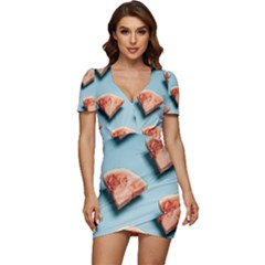 Watermelon Against Blue Surface Pattern Low Cut Cap Sleeve Mini Dress by artworkshop