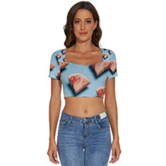 Watermelon Against Blue Surface Pattern Short Sleeve Square Neckline Crop Top 