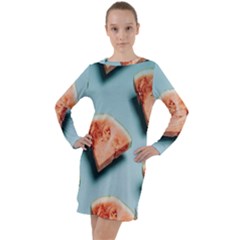 Watermelon Against Blue Surface Pattern Long Sleeve Hoodie Dress by artworkshop