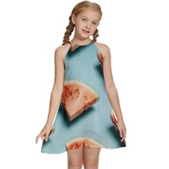 Watermelon Against Blue Surface Pattern Kids  Halter Collar Waist Tie Chiffon Dress by artworkshop