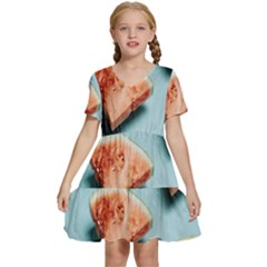 Watermelon Against Blue Surface Pattern Kids  Short Sleeve Tiered Mini Dress by artworkshop