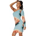 Watermelon Against Blue Surface Pattern Long Sleeve One Shoulder Mini Dress View2