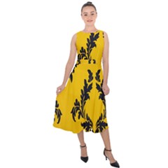 Yellow Regal Filagree Pattern Midi Tie-back Chiffon Dress