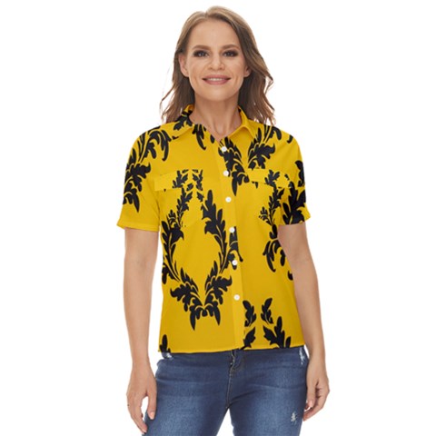 Yellow Regal Filagree Pattern Women s Short Sleeve Double Pocket Shirt by artworkshop