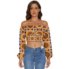 Bitesize Orange Donuts Brown Filling With White Navy  Long Sleeve Crinkled Weave Crop Top by Mazipoodles