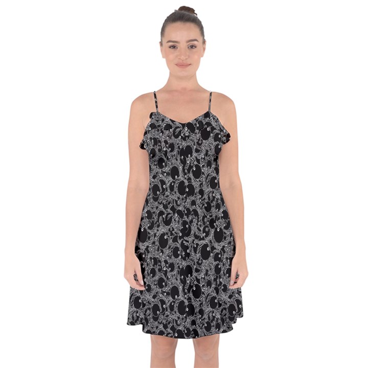 Black And Alien Drawing Motif Pattern Ruffle Detail Chiffon Dress