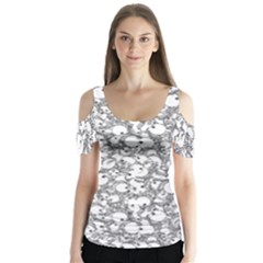 Black And White Alien Drawing Motif Pattern Butterfly Sleeve Cutout Tee 