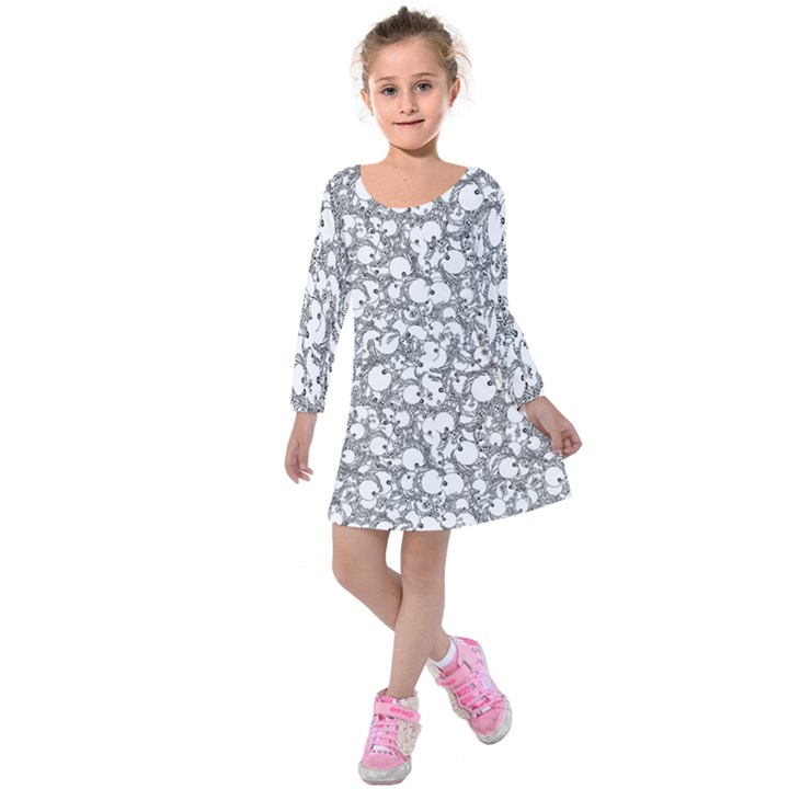 Black And White Alien Drawing Motif Pattern Kids  Long Sleeve Velvet Dress