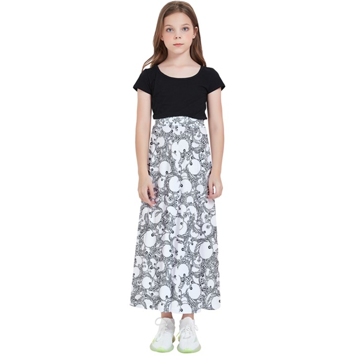 Black And White Alien Drawing Motif Pattern Kids  Flared Maxi Skirt