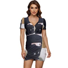 Ski Mask  Low Cut Cap Sleeve Mini Dress